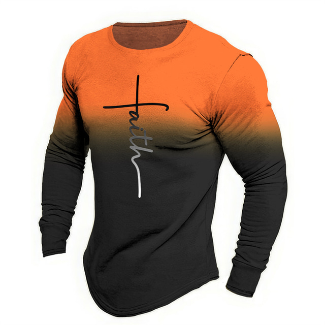  Faith Is Cross Mens Graphic Shirt Letter Fashion Designer Casual 3D Print Tee Sports Outdoor Holiday Going Blue Orange Brown Long Sleeve Crew Cotton
