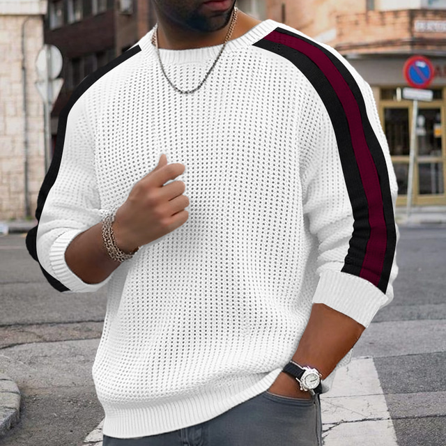  Hombre Pulóveres Pull-over Estriado Waffle Tejer De Punto Bloque de color Cuello Barco Mantiene abrigado Contemporáneo moderno Ropa Cotidiana Noche Ropa Otoño invierno Negro Blanco M L XL