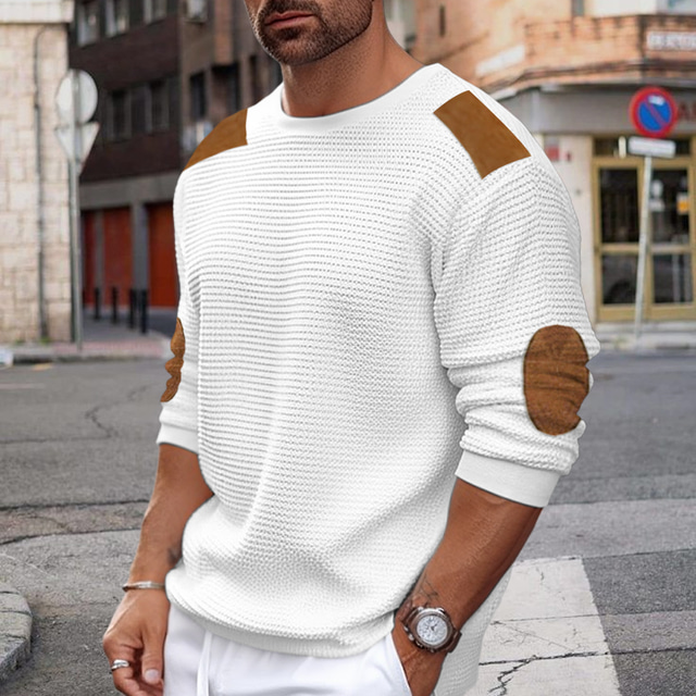  Men's Sweater Pullover Ribbed Waffle Knit Knitted Plain Crew Neck Keep Warm Modern Contemporary Daily Wear Going out Clothing Apparel Fall & Winter Black White S M L