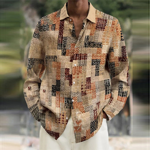  Geometry Casual Men's Shirt Outdoor Street Casual Daily Fall & Winter Turndown Long Sleeve Red khaki Gray S M L Shirt