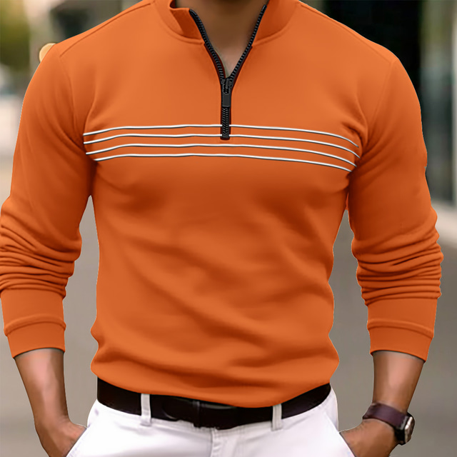  Men's Polo Shirt Quarter Zip Polo Daily Wear Vacation Quarter Zip Long Sleeve Fashion Comfortable Stripes Zip Up Spring &  Fall Regular Fit Black Navy Blue Orange Brown Polo Shirt