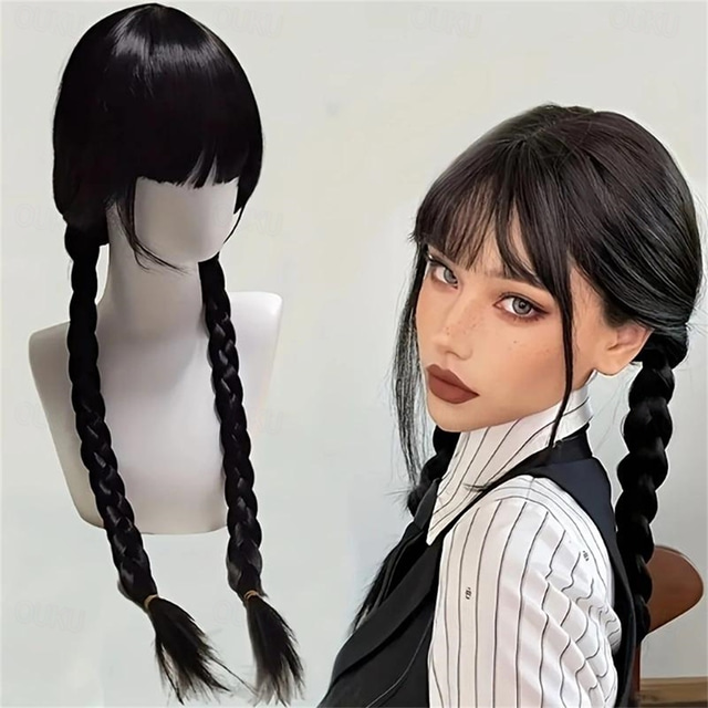  合成ウィッグ 水曜日 ストレート 2 つのポニーテール付き 機械製ウィッグ ロング ブラック 合成毛 女性用 ソフト ナチュラル パーティー ブラック ハロウィン ウィッグ
