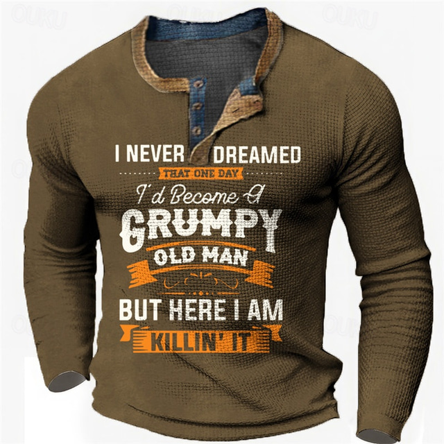  Herr Grafisk Gammal man Vresig Henleytröja Våffel T-shirt Långärmad 3D-tryck Mode Designer Ledigt Utomhussport Helgdag Festival Vår & Höst Svart Blå Brun Mörkblå Henley Henley T-shirt