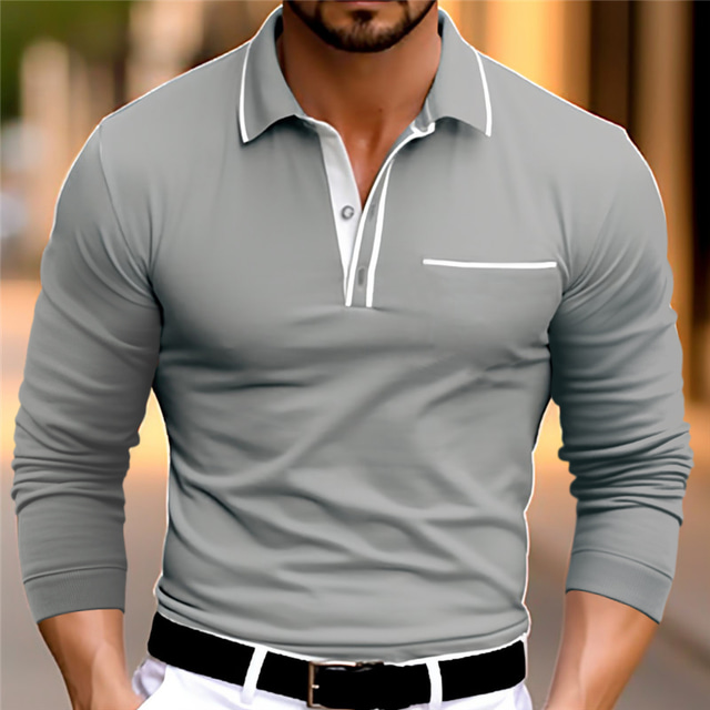  Men's Business Polo Golf Shirt Casual Sports Lapel Long Sleeve Fashion Basic Plain Button Spring &  Fall Regular Fit Wine Dark Blue Gray Business Polo