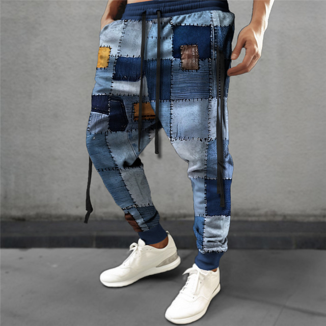  Plaid Geometry Casual Men's 3D Print Sweatpants Joggers Pants Trousers Outdoor Street Casual Daily Polyester Navy Blue Royal Blue Blue S M L Mid Waist Elasticity Pants