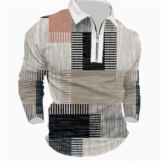  Men's Striped Graphic Prints Geometry Waffle Polo Shirt Polo Shirt Lapel Polo Zip Polo Golf Shirt Long Sleeve Shirt Turndown Outdoor Street Blue Green Khaki Gray Zipper Print Clothing Apparel Fashion