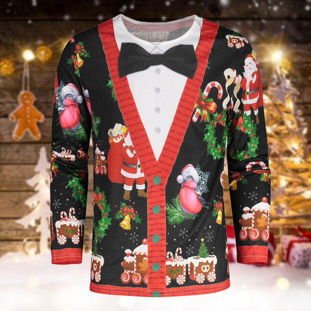  Weihnachts-T-Shirt, grafisch, kariert, Weihnachtsmann, Modedesigner, lässig, Herren-T-Shirt mit 3D-Druck, T-Shirt, Sport, Outdoor, Urlaub, Ausgehen, Weihnachts-T-Shirt, schwarz, rot& Weißes
