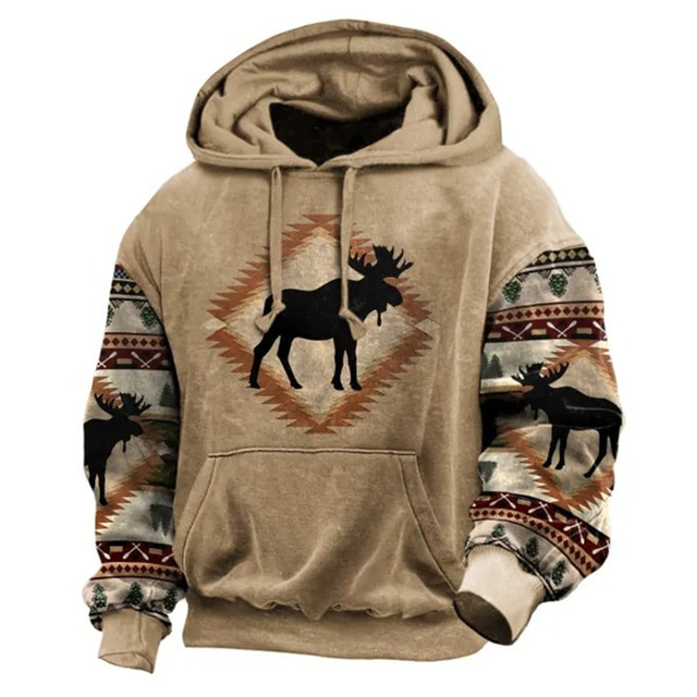  Moose Hoodie Mens Graphic Tribal Prints Reindeer Daily Ethnic Casual 3D Pullover Holiday Going Out Streetwear Hoodies Blue Sky Khaki Hooded Grey Cotton