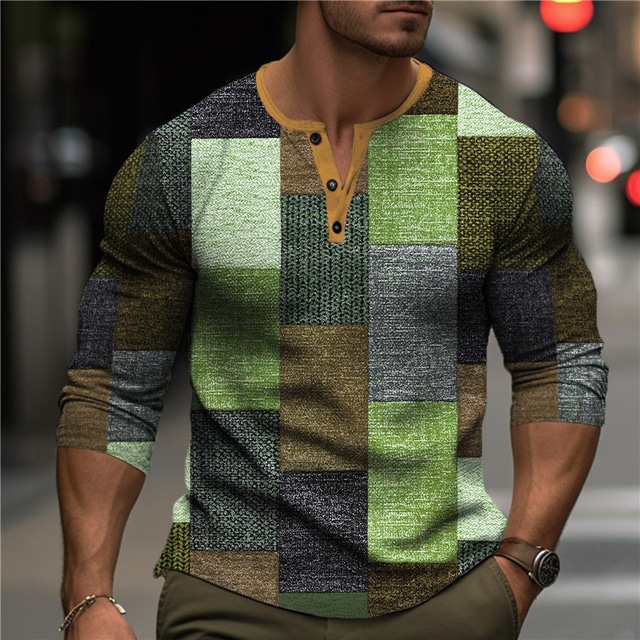  Homme Graphic Plaid Bloc de couleur Chemise Henley Shirt T-shirt gaufré manche longue T-shirt 3D effet Henley Chemise Mode Design Décontractées Sport extérieur Vacances Festival Bleu Orange Vert