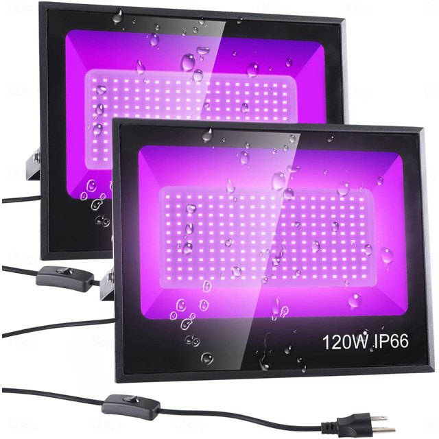  LED Czarna Lampa 1-2 Paczka 30W 60W 120W UV Reflektor 395nm-405nm IP66 Wodoodporny Wysokowydajna Czarna Lampa Wtyczka z Przełącznikiem (59in) na Imprezy Sceny UV Utwardzanie Farby na Halloween