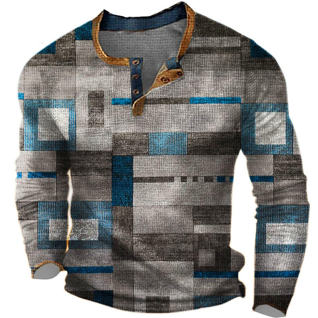  Grafisch Kleurenblok Modieus Ontwerper Basic Voor heren 3D-afdrukken Wafel Henley-shirt Informele stijl Klassieke Stijl  Buiten Dagelijks T-shirt Koningsblauw blauw Oranje Lange mouw Henley Overhemd