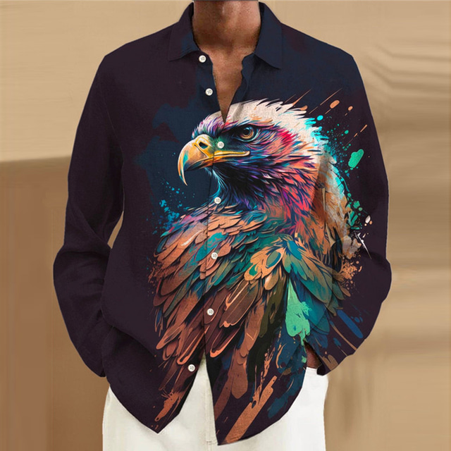  Eagle Vintage Casual Men's Shirt Outdoor Street Casual Daily Fall & Winter Turndown Long Sleeve Dark Navy S M L Shirt