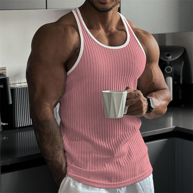  Men's Tank Top Rib Knit Top Wife beater Shirt Color Block Pit Strip Crew Neck Outdoor Going out Sleeveless Clothing Apparel Fashion Designer Muscle