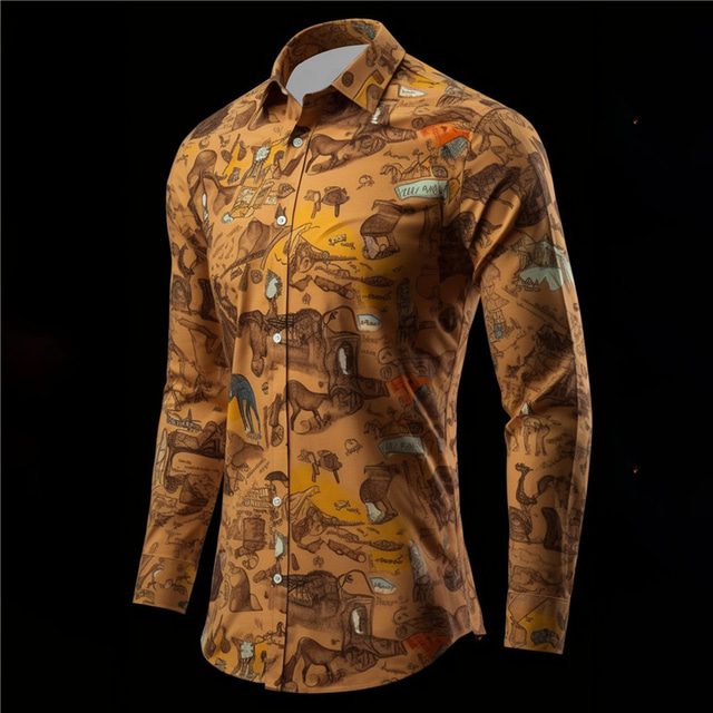  Color Block Vintage Abstract western style Men's Shirt Daily Wear Going out Weekend Fall & Winter Turndown Long Sleeve Yellow, Brown, Khaki S, M, L 4-Way Stretch Fabric Shirt
