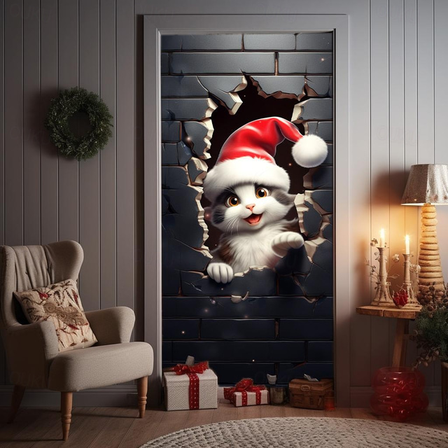  Christmas Door Decorations Animal Cats Door Covers Door Tapestry Door Curtain Decoration Xmas Backdrop Door Banner for Front Door Holiday Party Decor Supplies