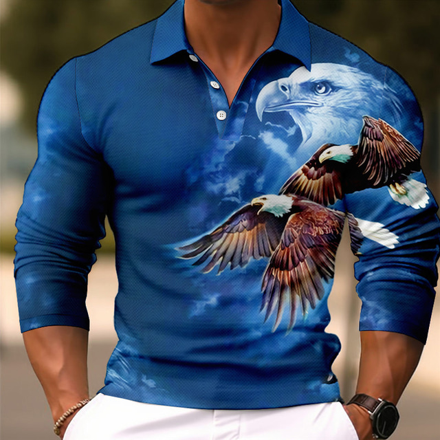  Men's Polo Shirt Golf Shirt Animal Graphic Prints Eagle Turndown Wine Blue-Green Blue Brown Green Outdoor Street Long Sleeve Print Clothing Apparel Fashion Streetwear Designer Soft