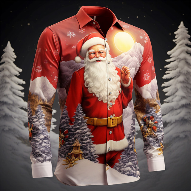  Santa Claus Casual Men's Shirt Outdoor Street Fall & Winter Turndown Long Sleeve White Yellow Pink S M L Shirt