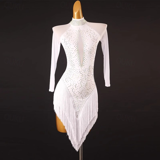  Dance Salsa Latin Dance Dress Tassel Pure Color Splicing Women‘s Performance Training Long Sleeve Chinlon Mesh Spandex