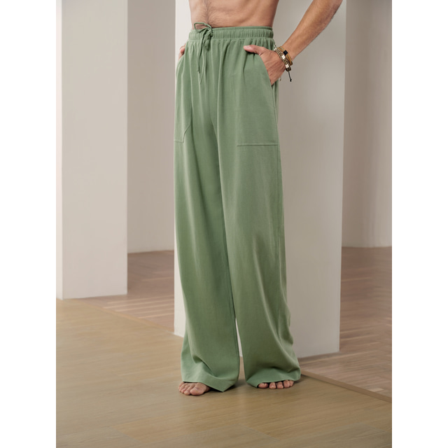  40% Linen Men's Linen Pants Trousers Baggy Beach Pants Elastic Drawstring Design Front Pocket Solid Color Comfort Soft Yoga Daily Fashion Streetwear White Black