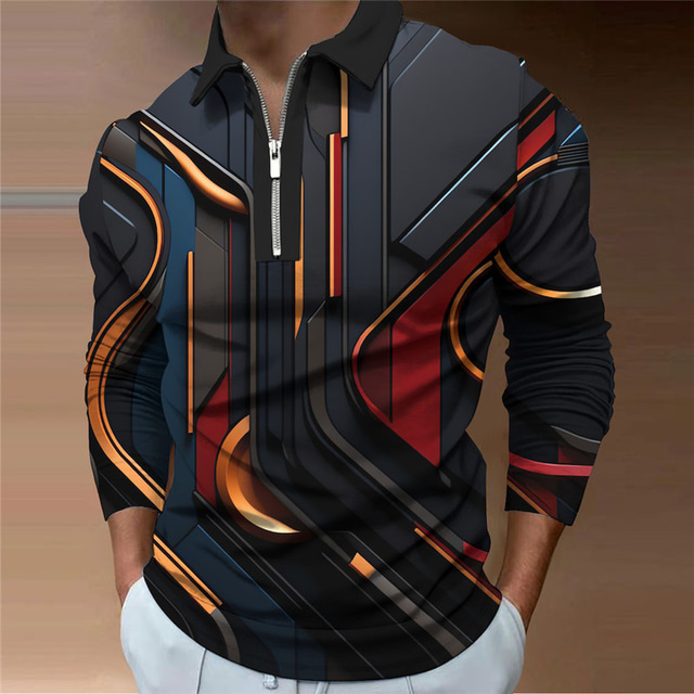  Machine Men's Abstract 3D Print Zip Polo Outdoor Casual Daily Streetwear Polyester Long Sleeve Turndown Zip Polo Shirts Red Green Fall & Winter S M L Lapel Polo