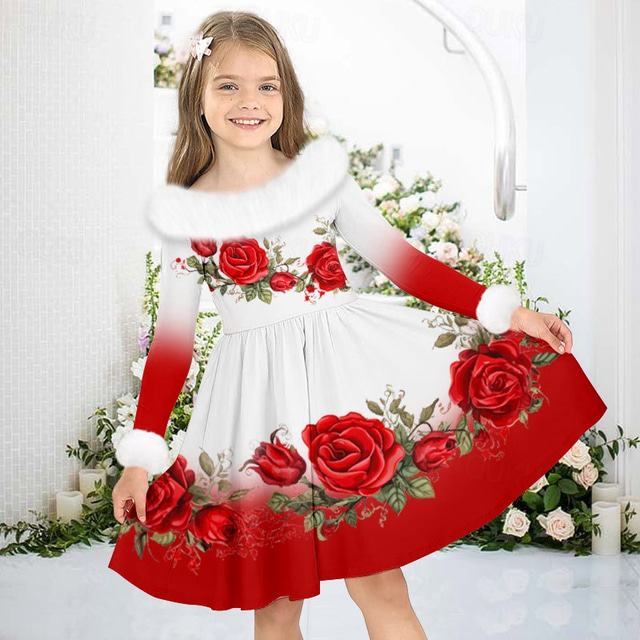  Girls' 3D Floral Dress Long Sleeve 3D Print Fall Winter Sports & Outdoor Daily Holiday Cute Casual Beautiful Kids 3-12 Years Casual Dress Swing Dress A Line Dress Above Knee Polyester Regular Fit