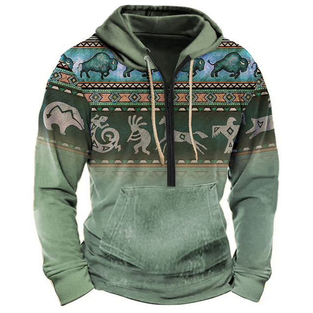  Buffalo Print Hoodie Mens Graphic Color Block Tribal Prints Daily Ethnic Casual 3D Zip Holiday Going Out Streetwear Hoodies Bronze Dark Green Orange Long Native American Brown Cotton