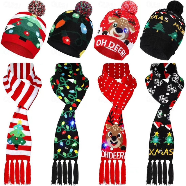  2023 New Jacquard LED Glow Christmas Hat Scarf Set Autumn and Winter Festival Pattern Multi color Jacquard