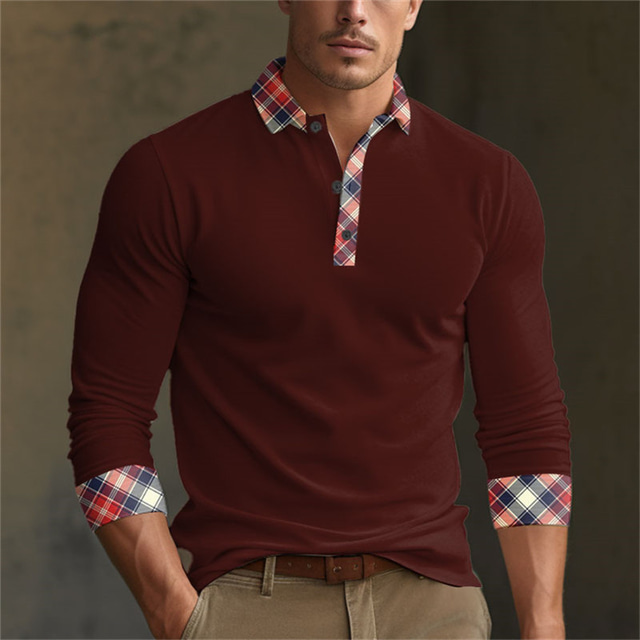  Plaid Men's Business 3D Print Outdoor Casual Daily Streetwear Polyester Long Sleeve Turndown Polo Shirts Black Wine Fall & Winter S M L Micro-elastic Lapel Polo
