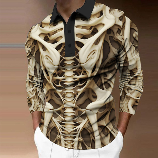  Estampé Squelette Homme Abstrait Imprimer 3D Extérieur Casual Quotidien Vêtement de rue Polyester manche longue Col rabattu Polos Jaune Kaki Automne hiver S M L Micro-élastique Polo à revers