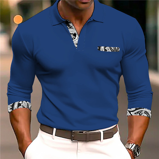  Vintage Hombre Polo de punto trenzado polo de golf Manga Larga Casual Diario Otoño invierno 3D Estampado Cuello Vuelto Negro Blanco Azul Marino Microelástico