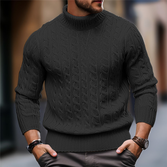  Men's Turtleneck Sweater Sweater Pullover Sweater Jumper Pullover Ribbed Cable Knit Knitted Plain Turtleneck Keep Warm Casual Daily Wear Vacation Clothing Apparel Fall & Winter Camel Black M L XL