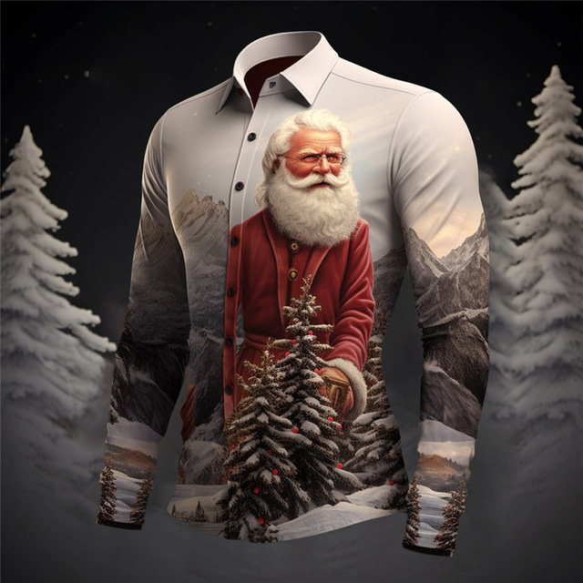  Santa Claus Tree Casual Men's Shirt Daily Wear Going out Fall & Winter Turndown Long Sleeve Gray+Purple, Dark Red, Yellow S, M, L 4-Way Stretch Fabric Shirt