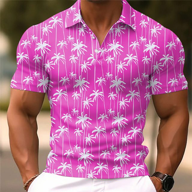  Kentucky Derby Herren Palme Hawaiianische Polohemden Golfshirt Kurzarm Polo-Shirts Hemden mit Kragen Lässig Strandbekleidung Urlaubskleidung Tropenkleidung Party-Outfits Knöpfe 3D-Druck Hellrosa