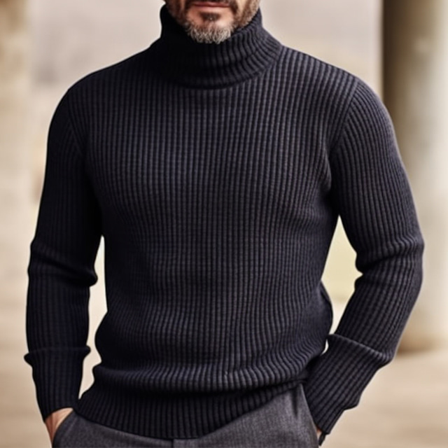  Men's Sweater Turtleneck Sweater Pullover Ribbed Knit Knitted Plain Turtleneck Keep Warm Modern Contemporary Daily Wear Going out Clothing Apparel Fall & Winter Black Wine M L XL