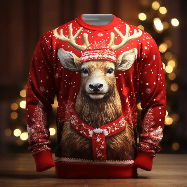  Men's Graphic Elk Sweatshirt Sweatshirts Golf Pullover Sweatshirt Long Sleeve Hoodie Sweatshirt Crew Neck Fashion 3D Print Christmas Holiday Vacation Red Brown Print Spring &  Fall Designer