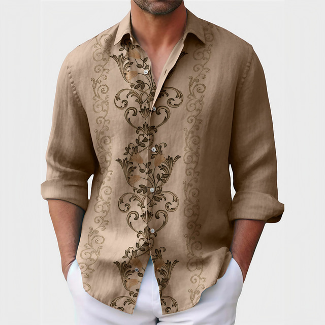  Floral Vintage Men's Shirt Outdoor Street Casual Daily Fall & Winter Turndown Long Sleeve khaki S M L shirt