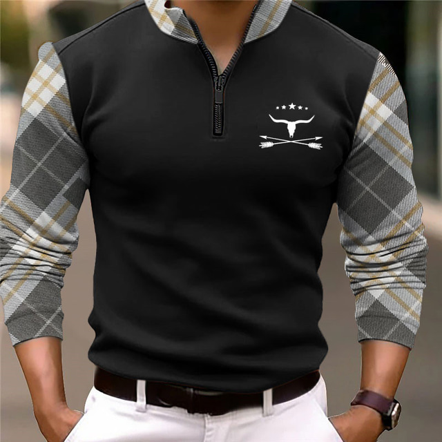  Plaid Cow Men's Vintage 3D Print Zip Polo Outdoor Casual Daily Streetwear Polyester Long Sleeve Zip Polo Shirts Black White Fall & Winter S M L Micro-elastic Lapel Polo