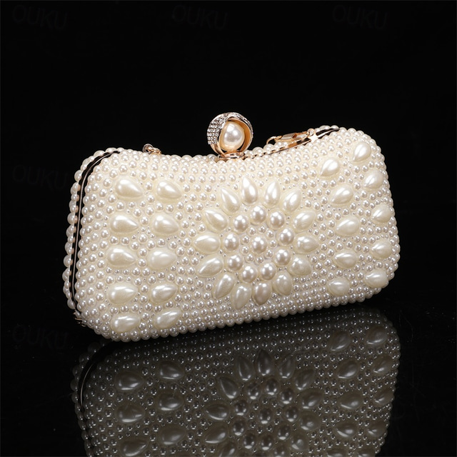  elegante pochette di perle – lussuosa borsa da sera con perline bianche, manico in perle e chiusura in cristallo, perfetta per matrimoni, feste ed eventi formali