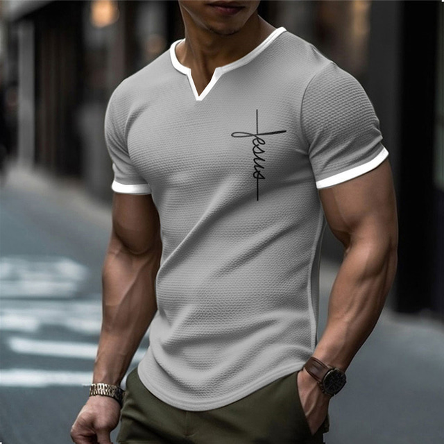  Letter Faith Designer Casual Men's 3D Print Graphic Tee Waffle T Shirt Outdoor Daily Vacation T shirt Blue Brown Green Short Sleeve V Neck Shirt Spring & Summer Clothing Apparel S M L XL 2XL 3XL
