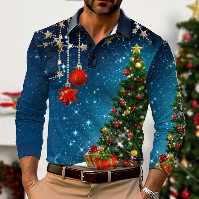  Christmas Tree Men's Casual 3D Print Golf Polo Outdoor Casual Daily Streetwear Polyester Long Sleeve Turndown Polo Shirts Wine Blue Fall & Winter S M L Micro-elastic Lapel Polo