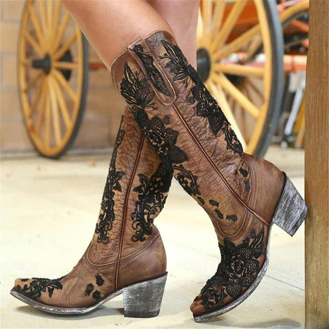  Women's Brown Western Cowboy Boots with Intricate Black Floral Lace Embroidery - Ideal for Country Weddings, Rustic Events, and Western-Themed Parties