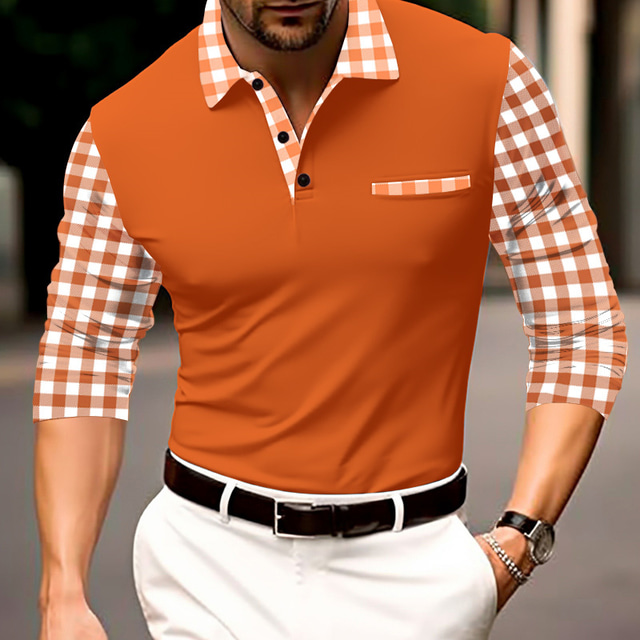  Men's Button Up Polos Polo Shirt Casual Sports Lapel Long Sleeve Fashion Basic Plaid Patchwork Button Spring &  Fall Regular Fit Black Navy Blue Orange Button Up Polos