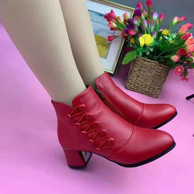  Women's Heels Boots Plus Size Cross Strap Heels Party Work Daily Solid Color Booties Ankle Boots Chunky Heel Round Toe Elegant Vintage Fashion PU Zipper Black Red Brown