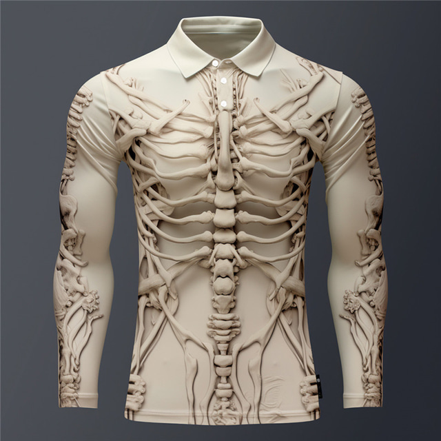 Skeleton Men's Abstract 3D Print Outdoor Casual Daily Streetwear Halloween Polyester Long Sleeve Turndown Polo Shirts Brown Khaki Fall & Winter S M L Micro-elastic Lapel Polo