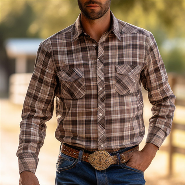  Plaid Vintage western style Men's Shirt Daily Wear Going out Weekend Fall & Winter Turndown Long Sleeve Black, Burgundy, Khaki S, M, L 4-Way Stretch Fabric Shirt