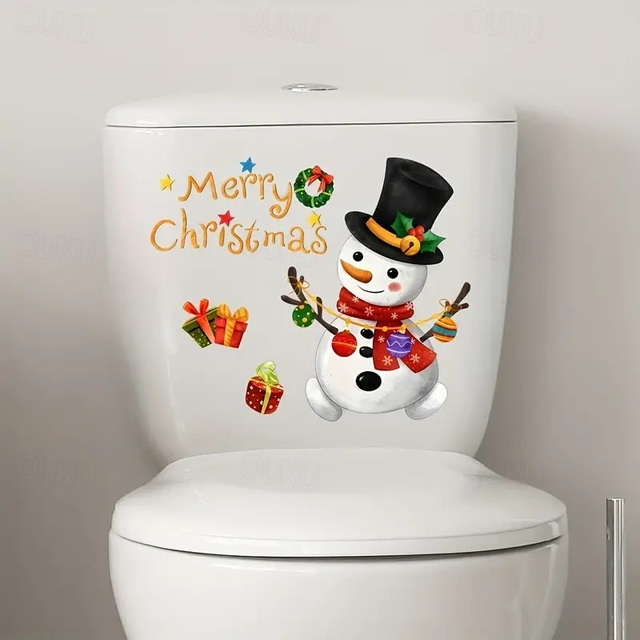  1pc Christmas Toilet Seat Sticker  Merry Christmas Snow Man XmasToilet Lid Set Cover  Removable Decal Paper Decor Sticker  BathroomAccesssories