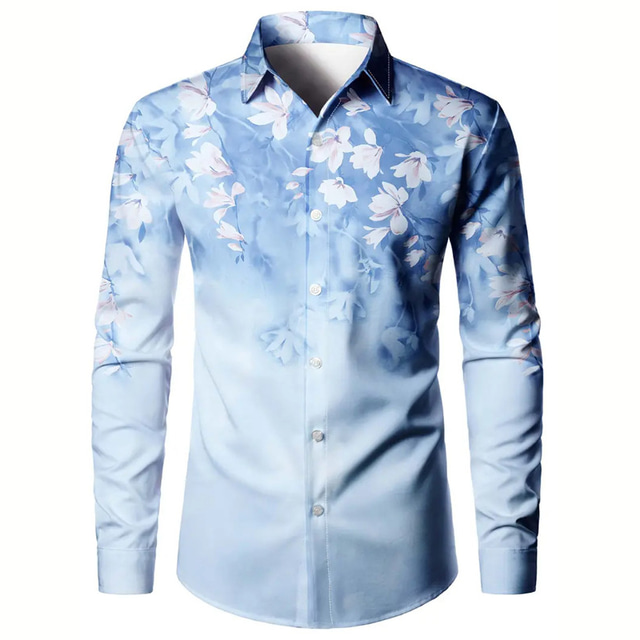  Floral Casual Men's Shirt Outdoor Street Casual Daily Fall & Winter Turndown Long Sleeve White Blue S M L Shirt
