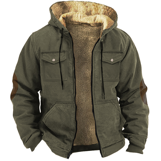  Men's Full Zip Hoodie Hoodie Jacket Fuzzy Sherpa Brown Khaki Hooded Color Block Pocket Sports & Outdoor Daily Holiday Vintage Cool Casual Fall & Winter Clothing Apparel Hoodies Sweatshirts  Long