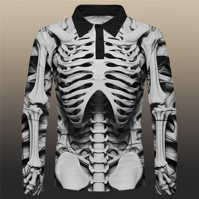  Embossed Skeleton Men's Abstract 3D Print Outdoor Casual Daily Streetwear Polyester Long Sleeve Turndown Polo Shirts Yellow Khaki Fall & Winter S M L Micro-elastic Lapel Polo