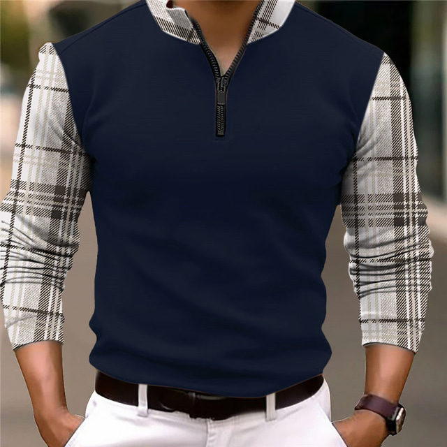  Men's Plaid Zip Polo Long Sleeve Polo Shirts Zip Business Outdoor Casual Daily Streetwear 3D Print Black White Dark Navy